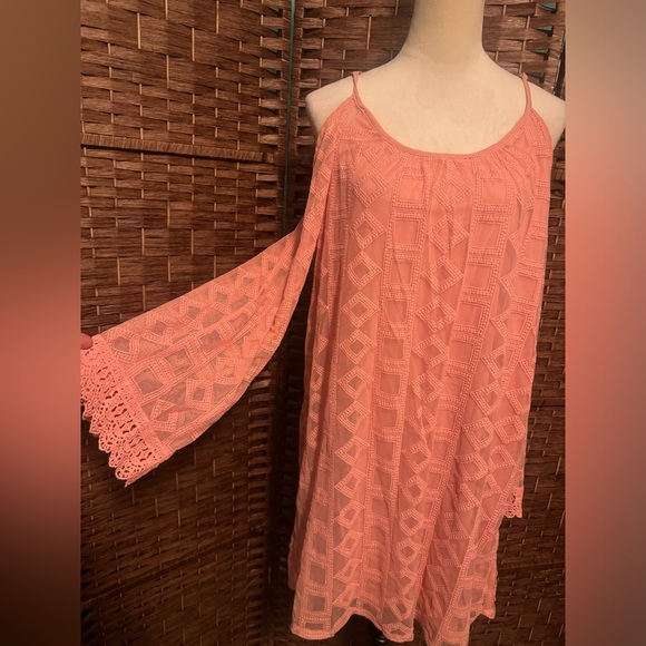 xhilaration Cold Shoulder Dress Peach Tunic XL Lining w/overlay Spring Summer - Picture 3 of 10